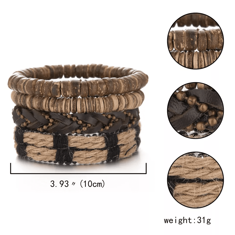 EARTHBOUND CUFFS - 4 Pcs Brown Genuine Braided Leather Bracelet Set for Men & Boys (8 inch)