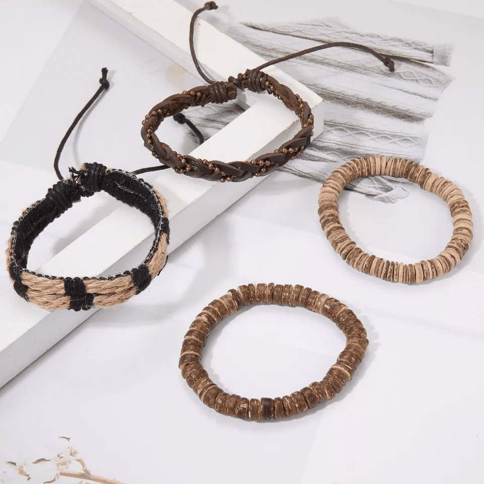 EARTHBOUND CUFFS - 4 Pcs Brown Genuine Braided Leather Bracelet Set for Men & Boys (8 inch)