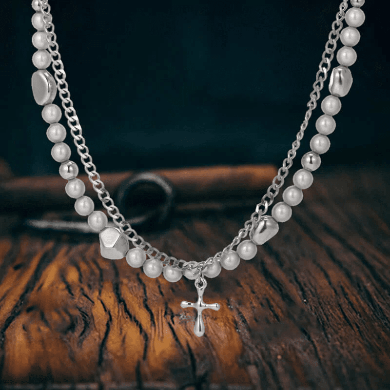 Mire Serenity - Two Layer Necklace With Titanium Steel Chain & Fusion Cuban Pearls Cross Pendant